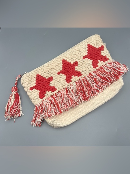Shiraleah Handbags - Shiraleah Red Stars Clutch Woven Bag Tassel Detail Cotton Summer Travel Pouch